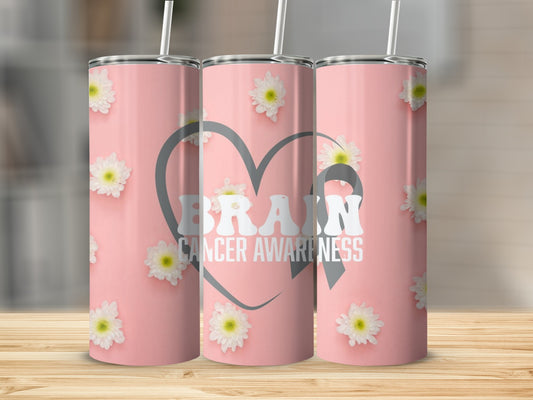 Brain Cancer Awareness Pink Flower Design tumbler