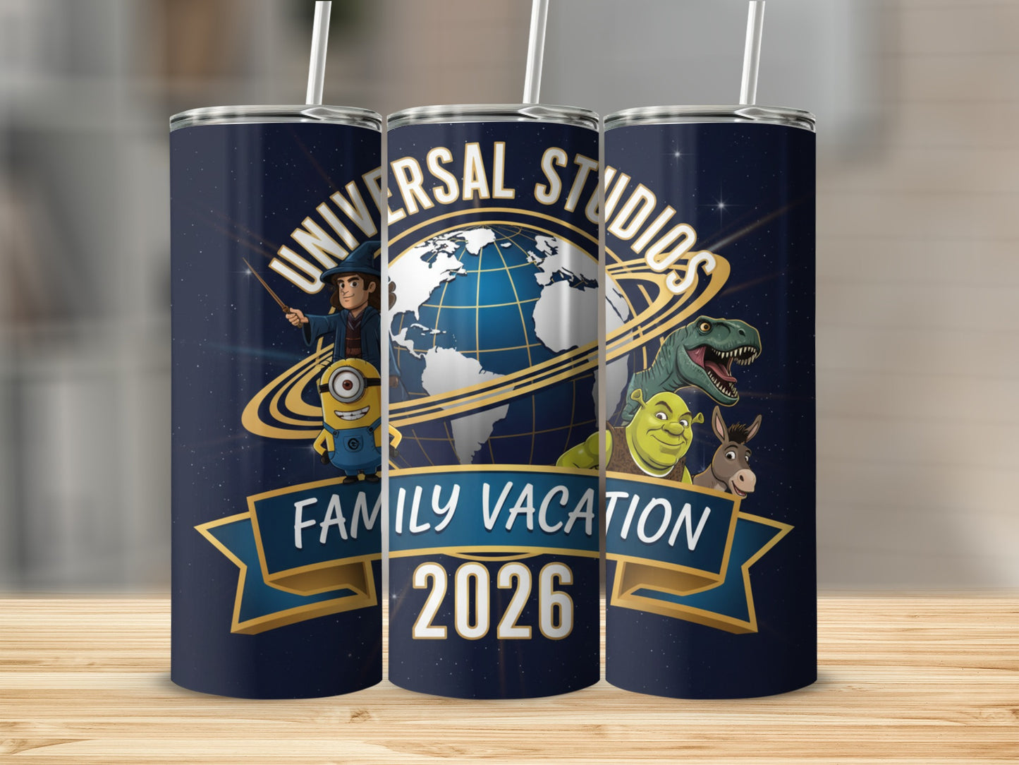 Universal Studios Family Vacation 2026 tumbler with characters.