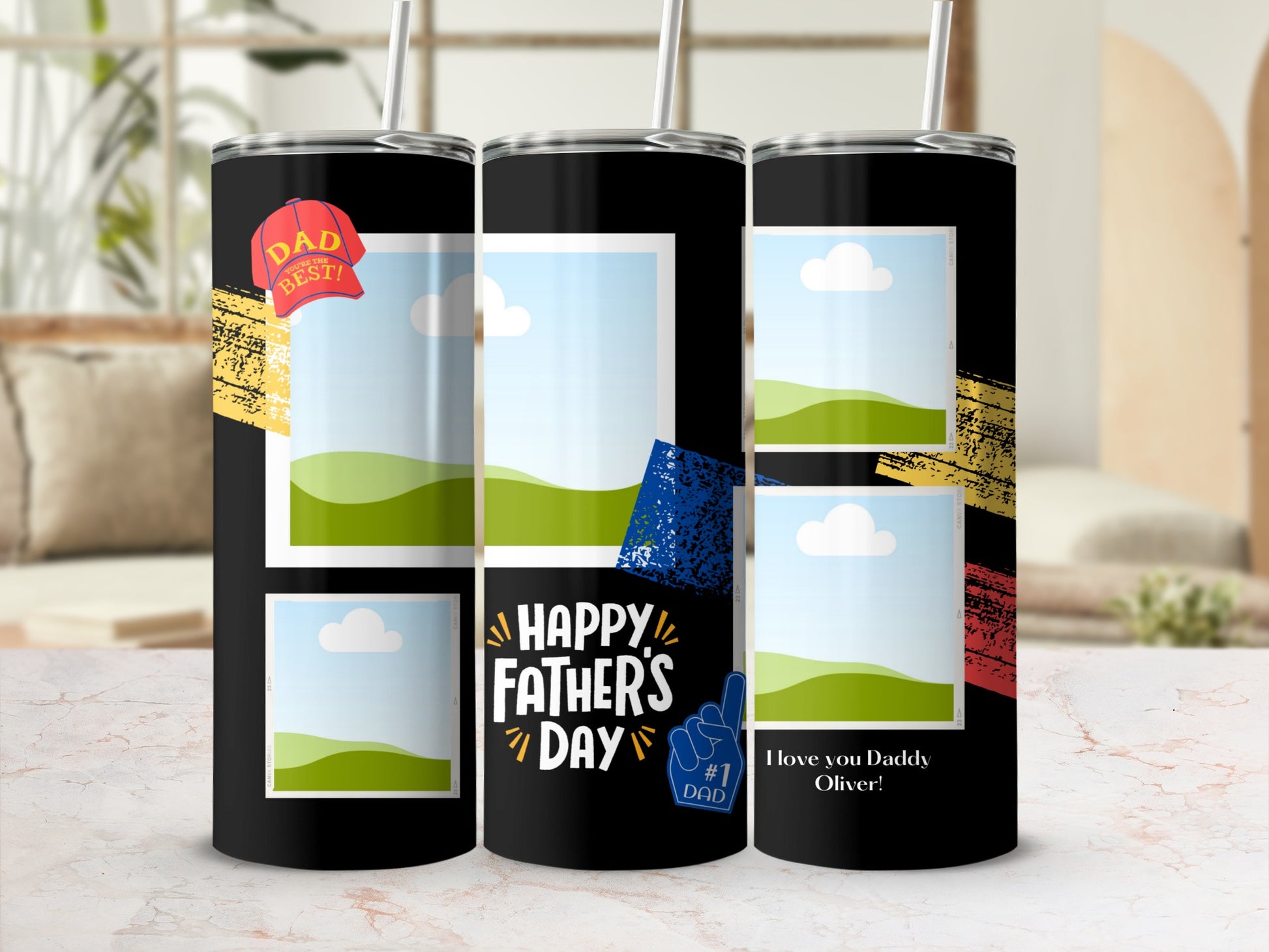 Tumblers with Father's Day designs and photo placeholders.