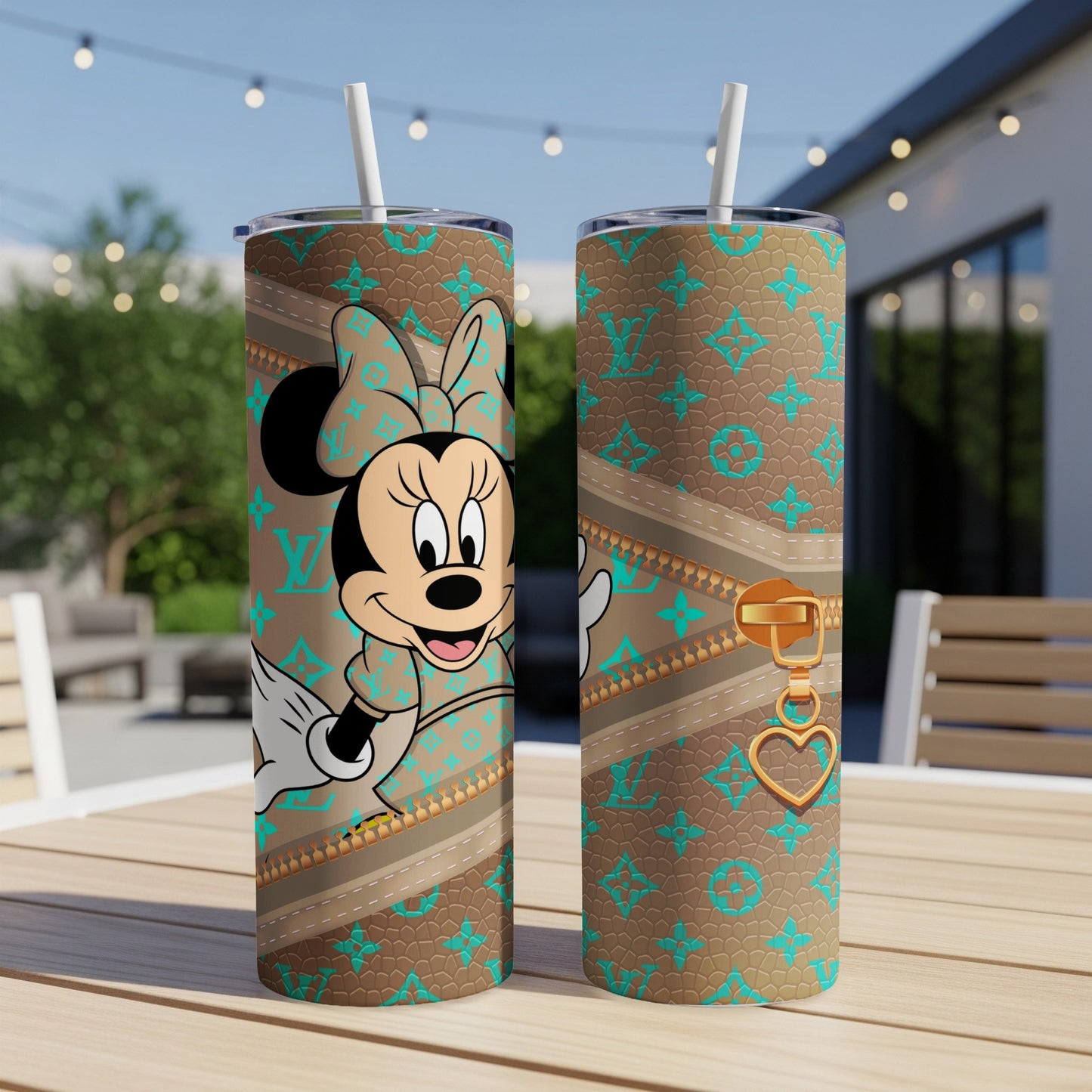 Minnie Mouse with brown patterned tumbler and gold zipper detail.