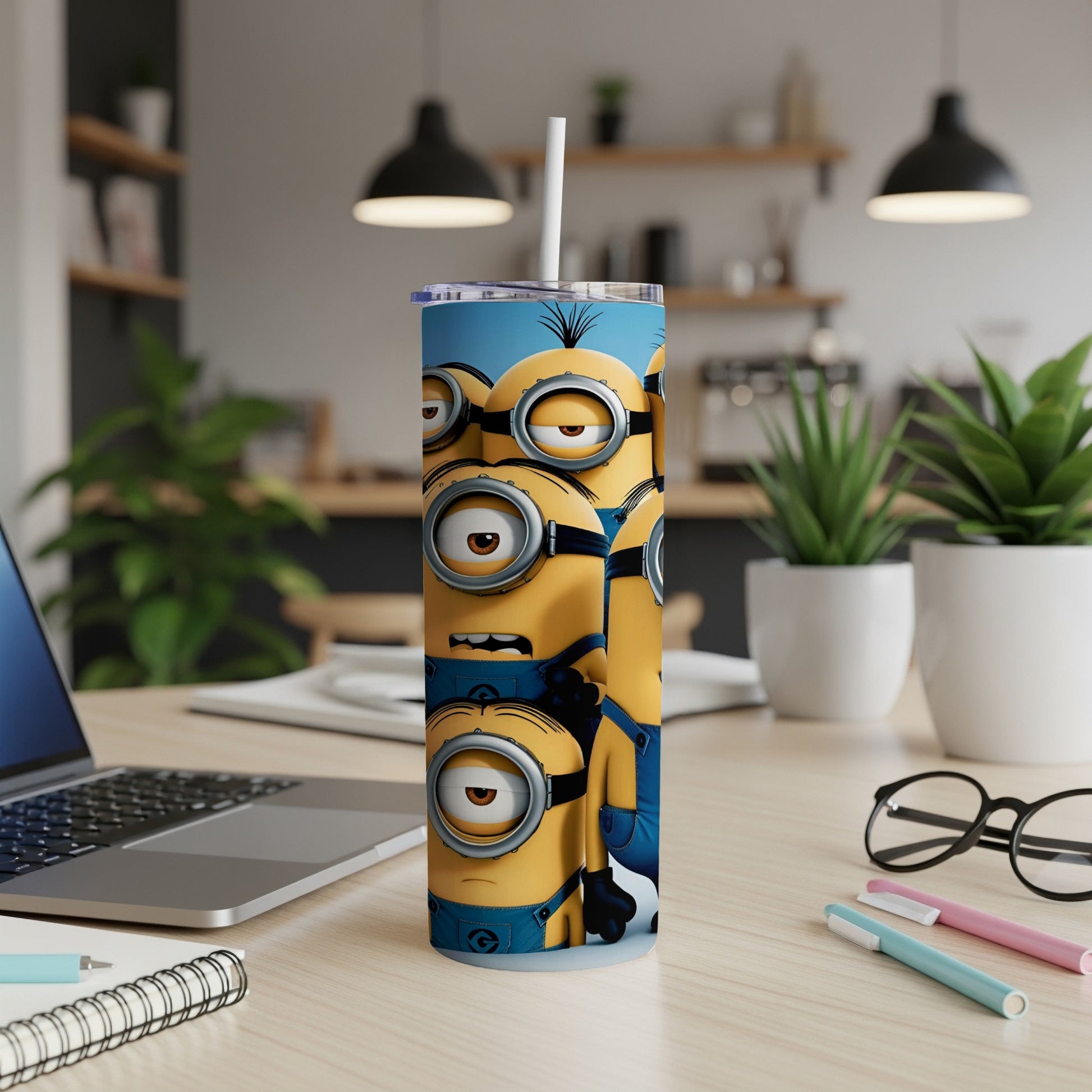 Minions with large eyes on a blue background, on a tall tumbler with a straw.