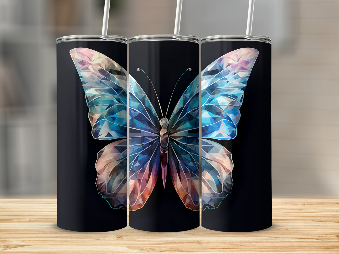 Black tumbler with geometric butterfly design.