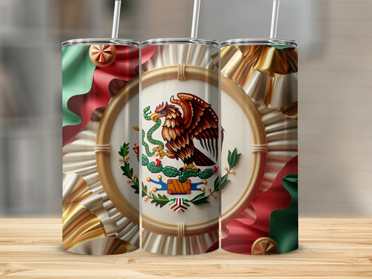 Three tumblers with the Mexican flag's coat of arms and red and green ribbon accents.