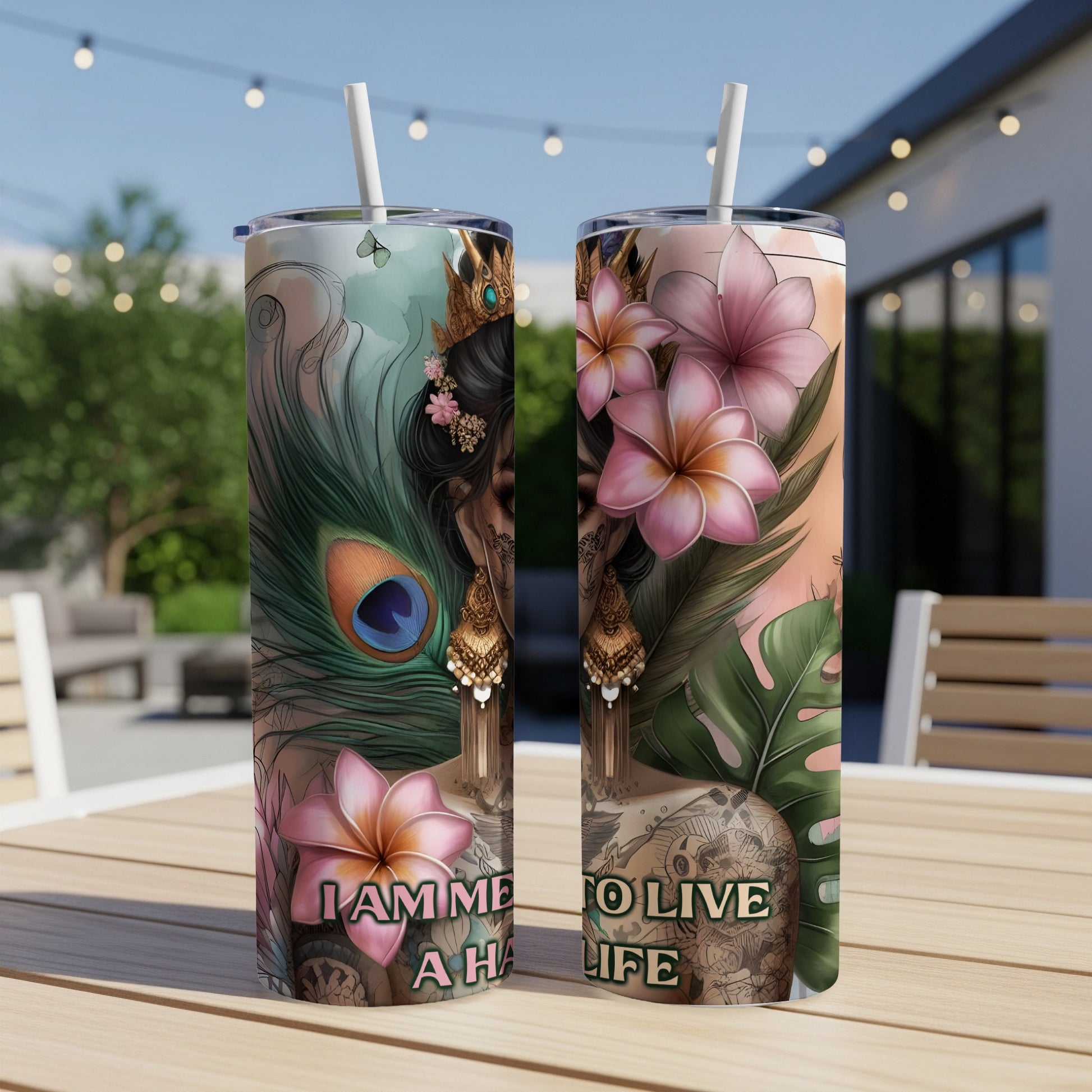 Woman with peacock feather and flowers on a tumbler with text.
