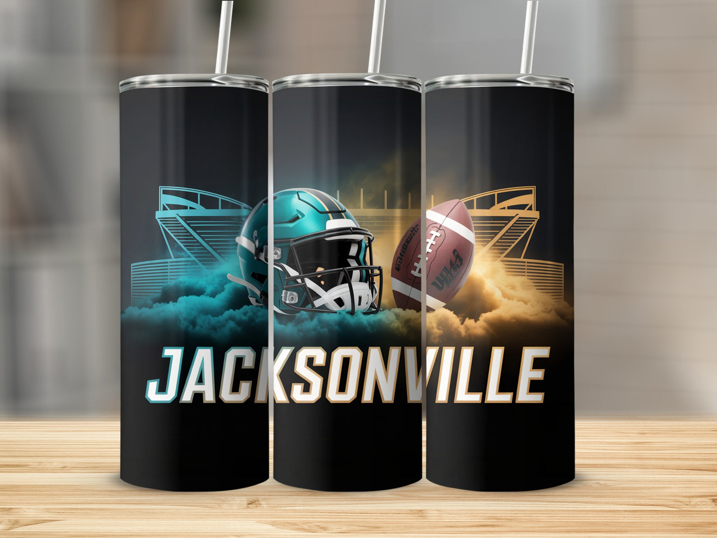 Jacksonville Jaguars helmet, football, and stadium on a black tumbler.