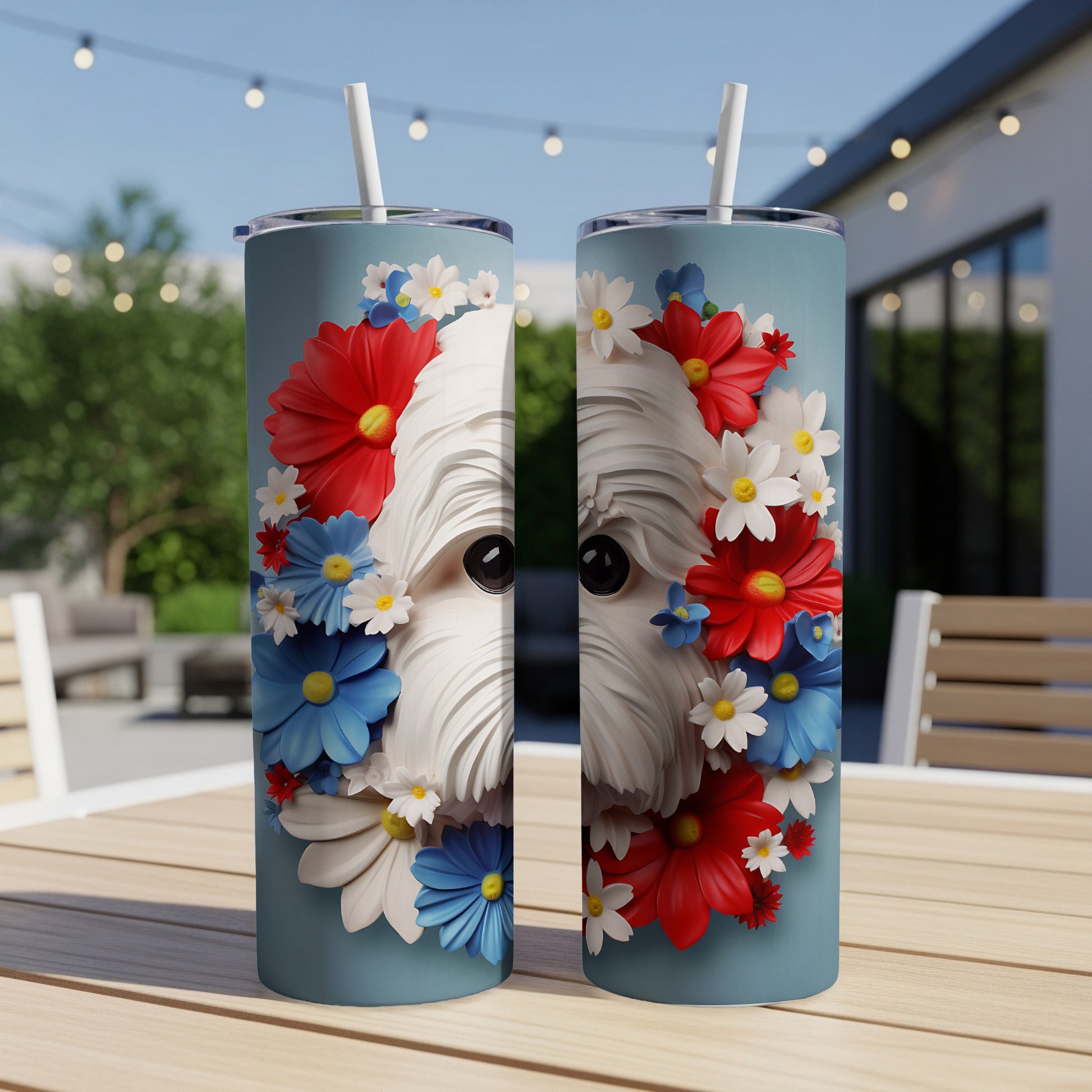 Fluffy white dog face with red, white, and blue flowers on a tumbler.