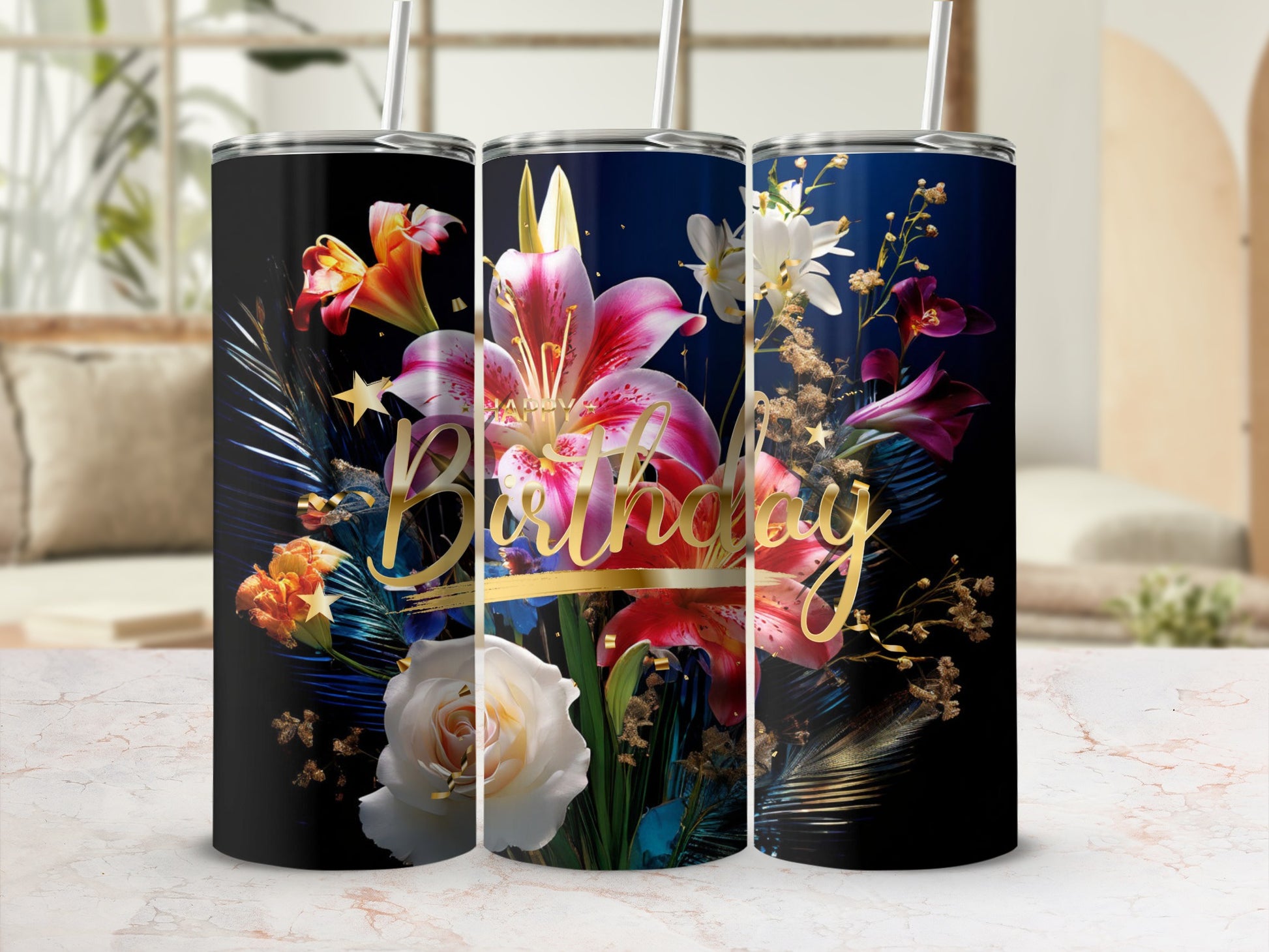 Birthday tumbler with floral design and gold "Happy Birthday" text.