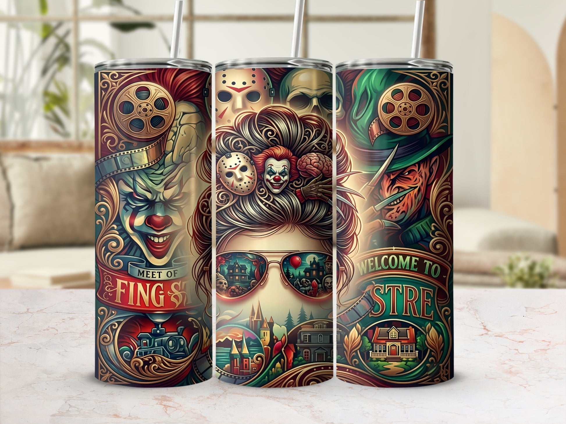Tumbler with horror movie villains, haunted houses, and film reel designs.