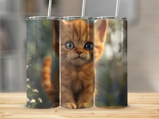 Triptych of a fluffy orange kitten with big blue eyes, surrounded by soft greenery.