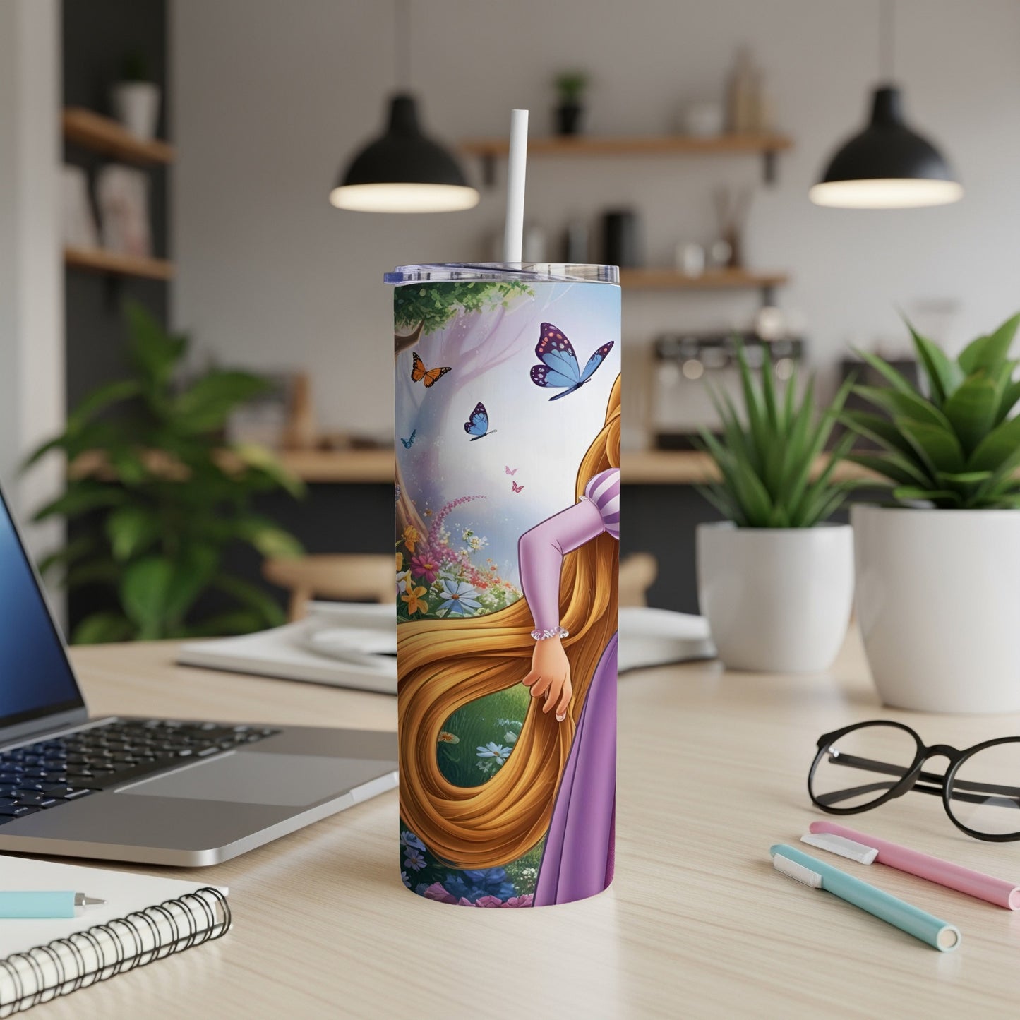 Rapunzel with long braided hair and butterflies on a purple tumbler.