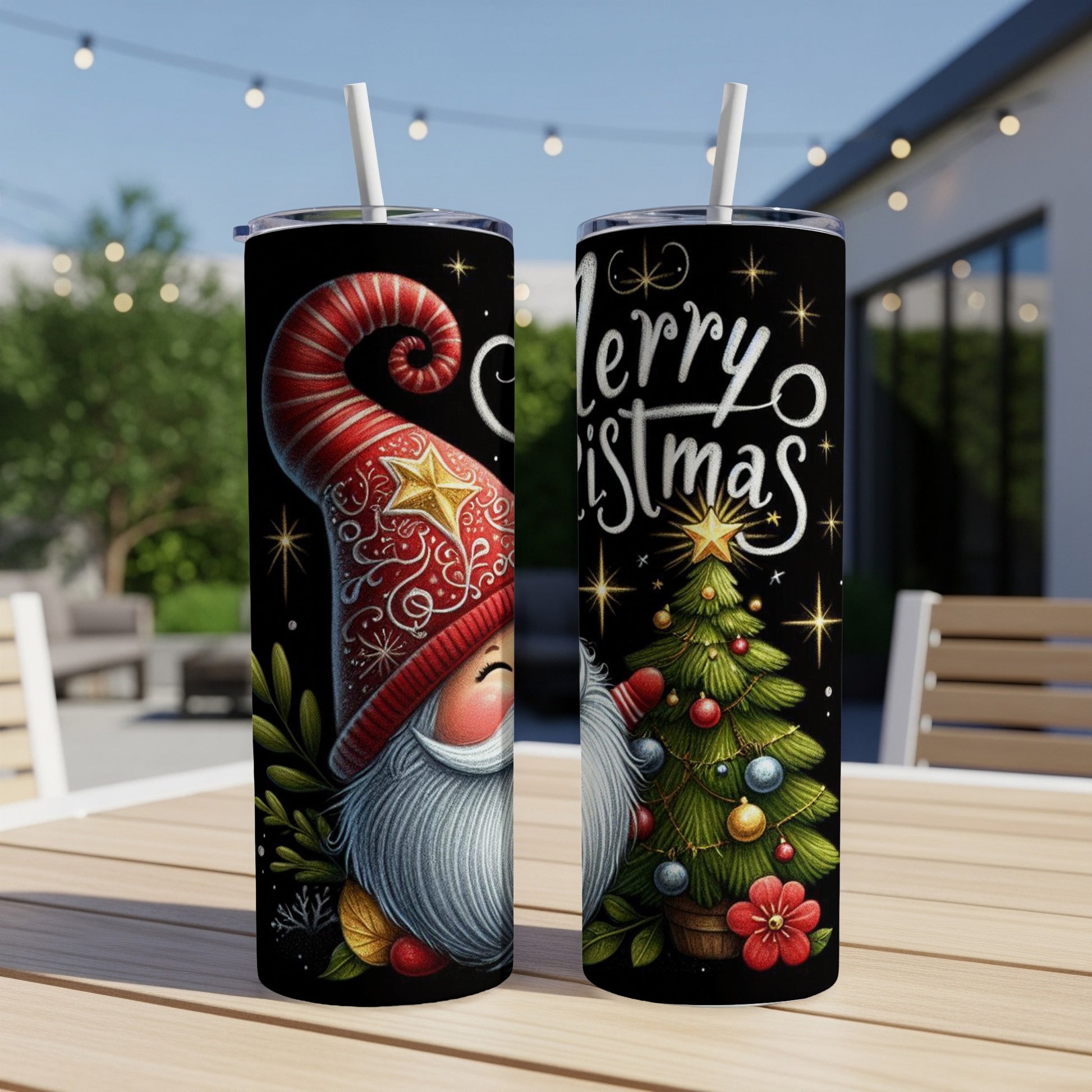 Christmas gnome and tree design on two tall skinny tumblers.