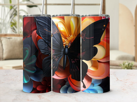 Three tumblers with a butterfly and floral design.