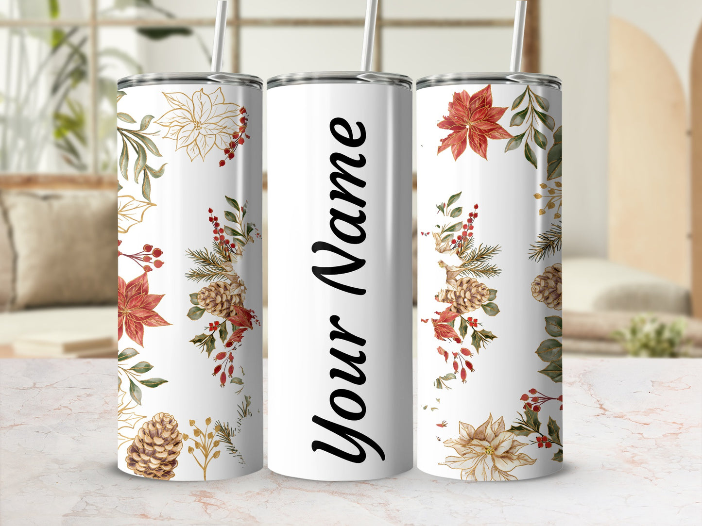 Personalized Holiday Floral and Pinecone Tumbler