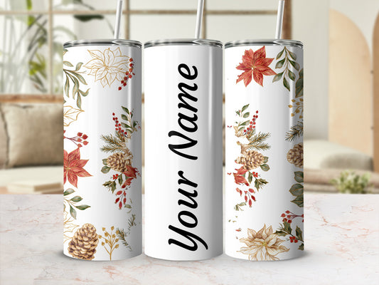 Personalized Holiday Floral and Pinecone Tumbler
