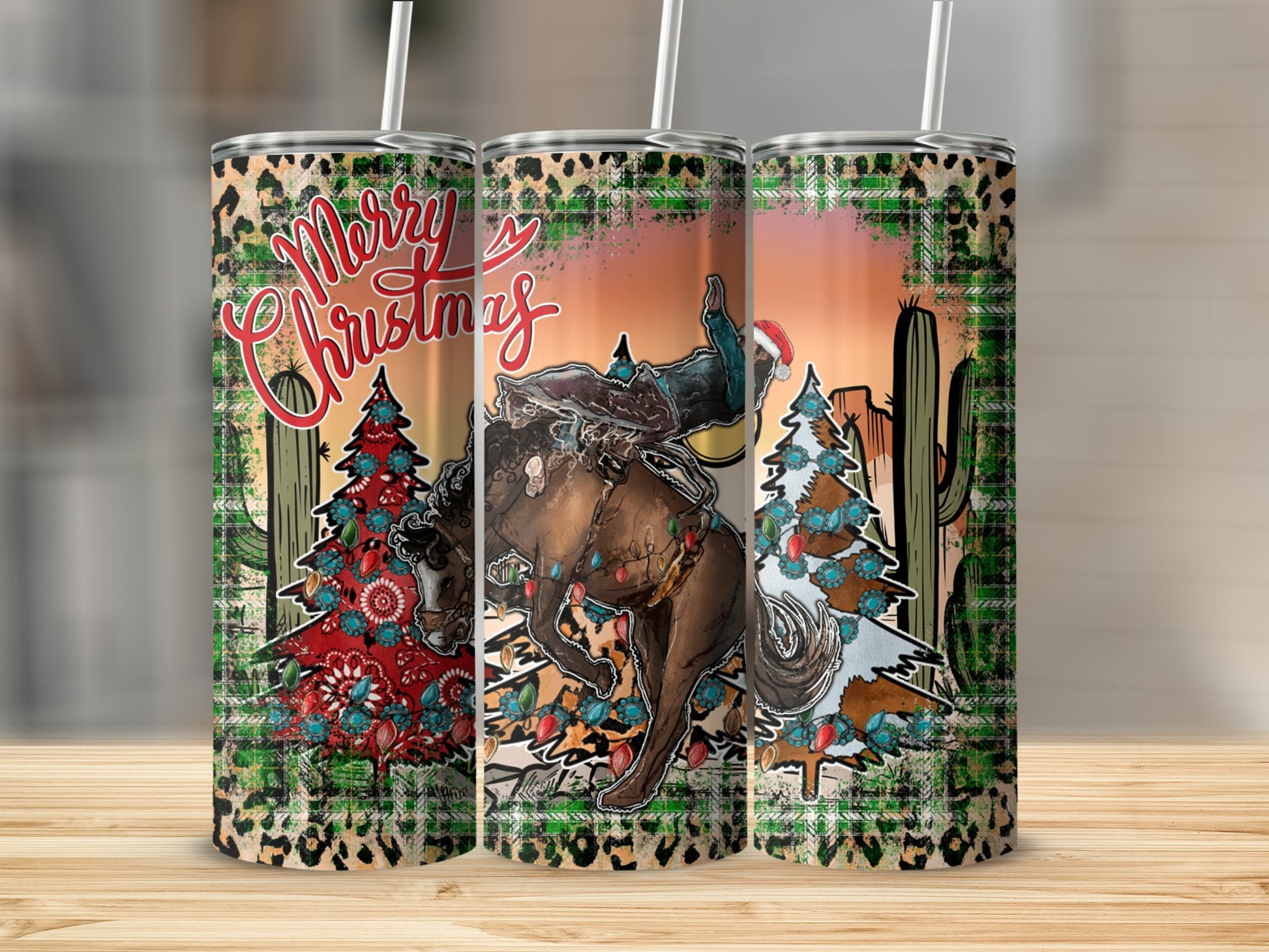 Merry Christmas tumbler with cowboy, horse, and festive Christmas trees.