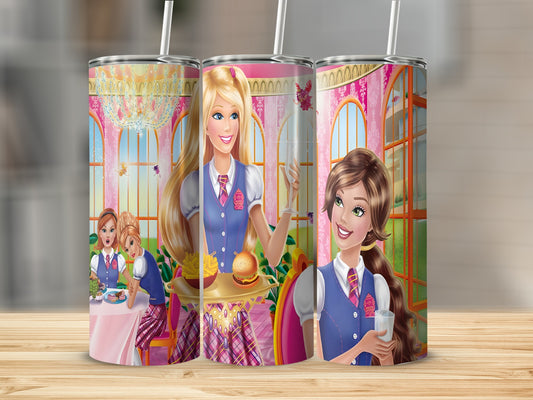 Barbie and friends in school uniforms with drinks and food.