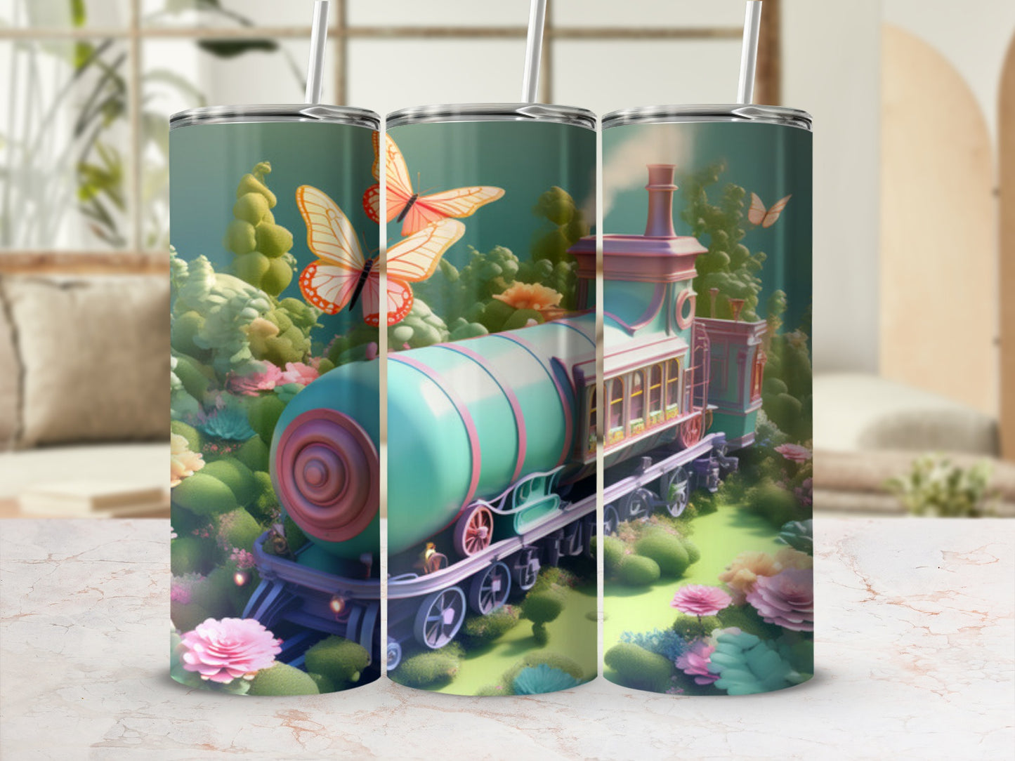 Train with butterflies and flowers on a grassy landscape.