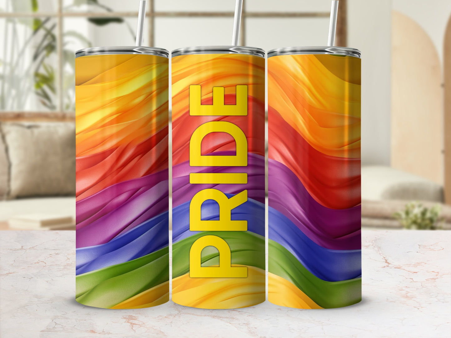 Rainbow pride tumbler with yellow "Pride" text.