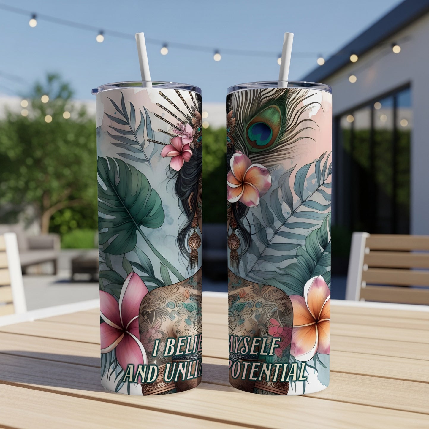 Two tumblers featuring a woman with tattoos and floral and peacock feather designs.