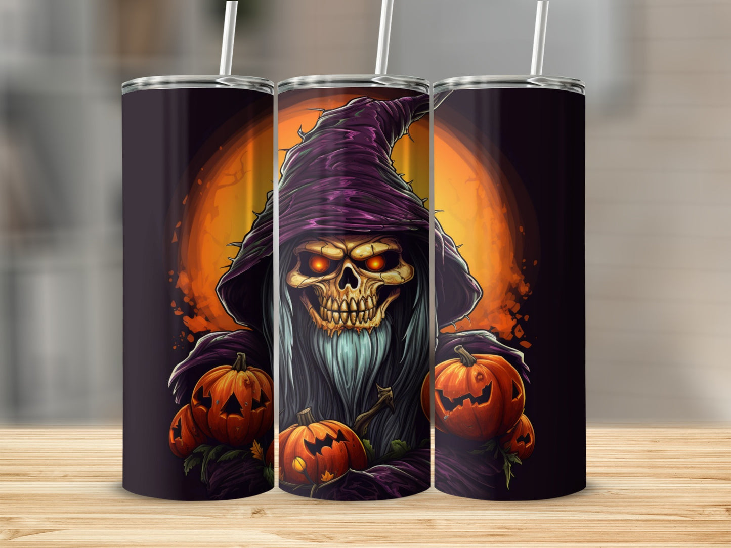 Three tumblers feature a grim reaper with glowing eyes holding pumpkins.