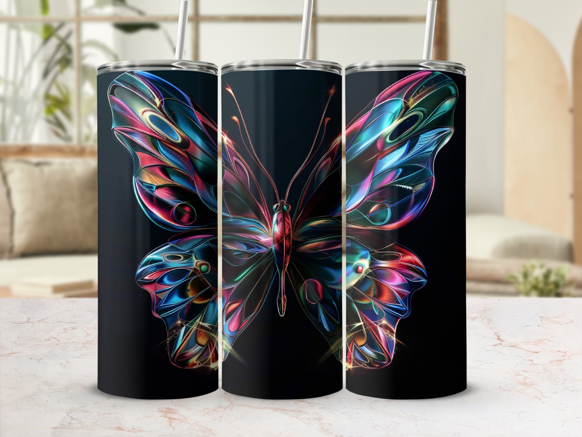 Three tall tumblers with iridescent butterfly designs against a dark background.