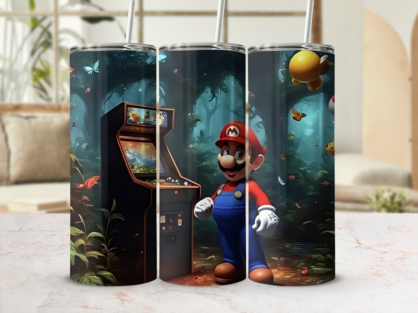 Classic Mario Standing Next to Arcade Machine tumbler