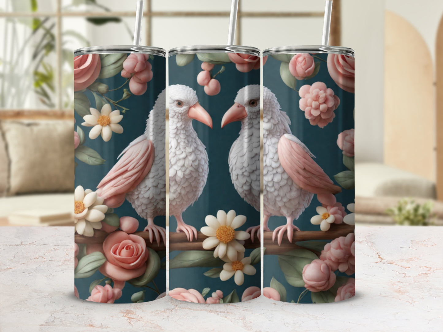 Two white birds with pink accents perched on a branch with floral accents.