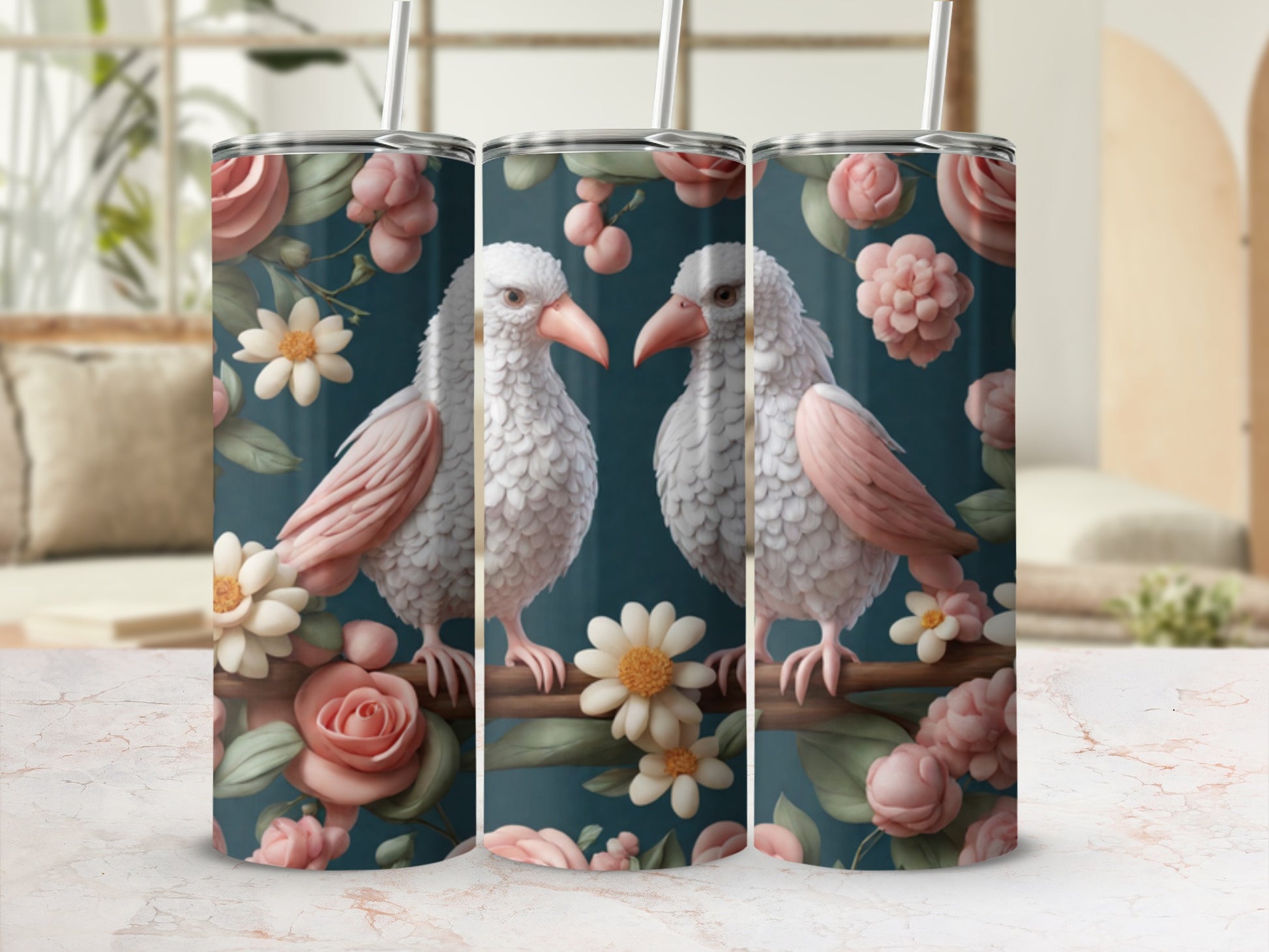 Two white birds with pink accents perched on a branch with floral accents.