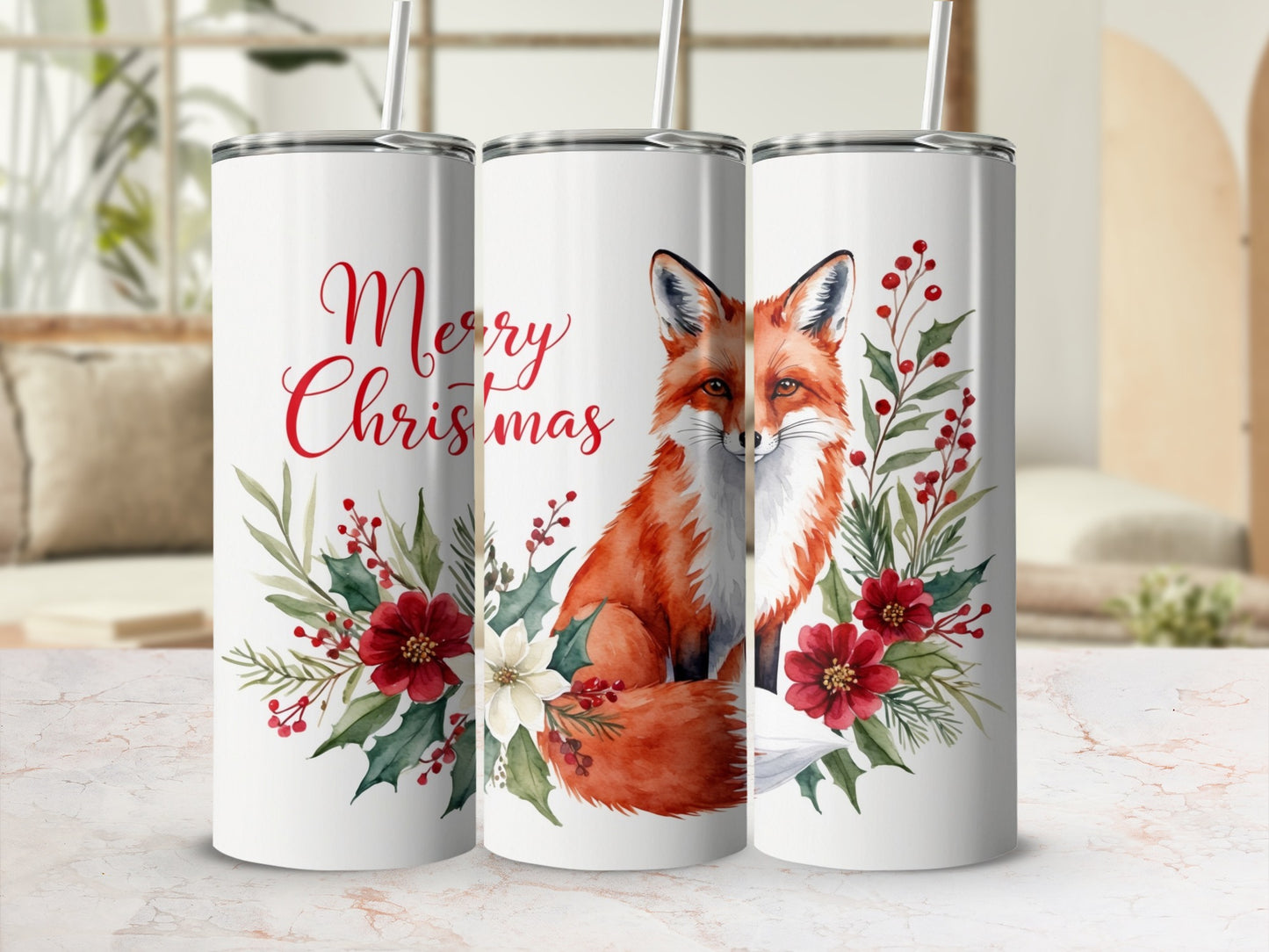 Merry Christmas tumbler with a fox, red flowers, and greenery.