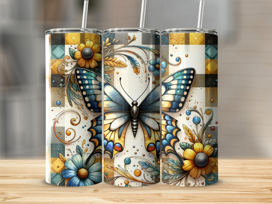 Three tumblers with butterfly and floral plaid designs.