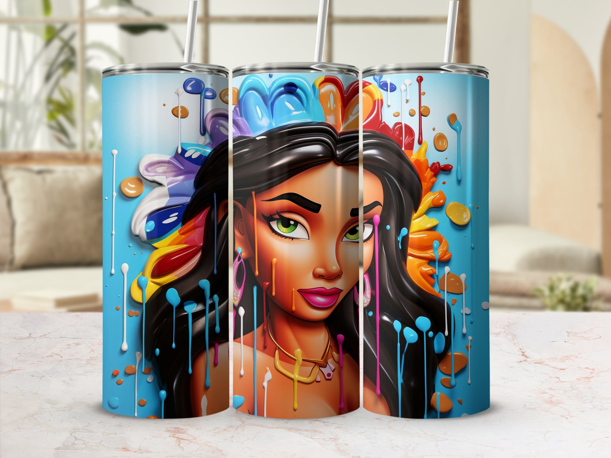 Colorful Artistic Woman Design Tumbler with Straw