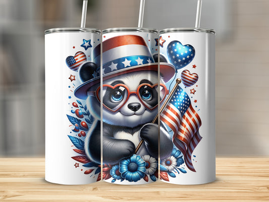 Panda in patriotic hat and heart glasses holds American flag, surrounded by flowers and balloons.