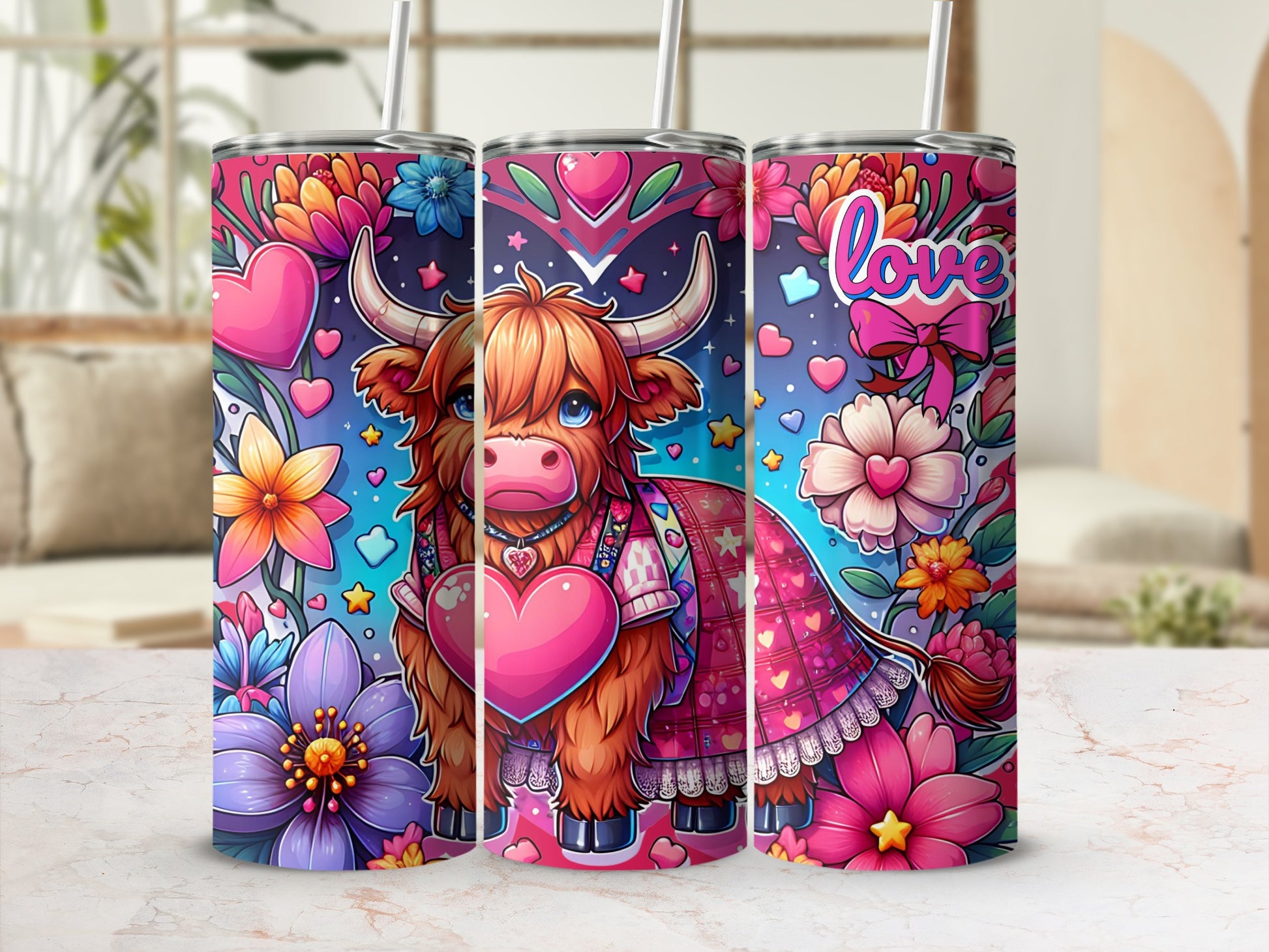 Cute Highland Cow and Flowers Tumbler Design