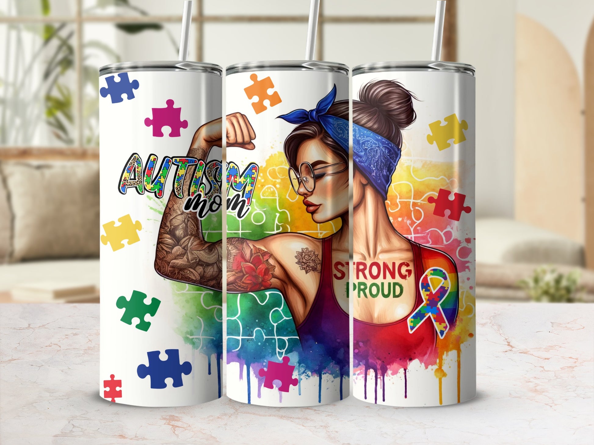 Autism Mom design with puzzle pieces and a strong woman illustration.