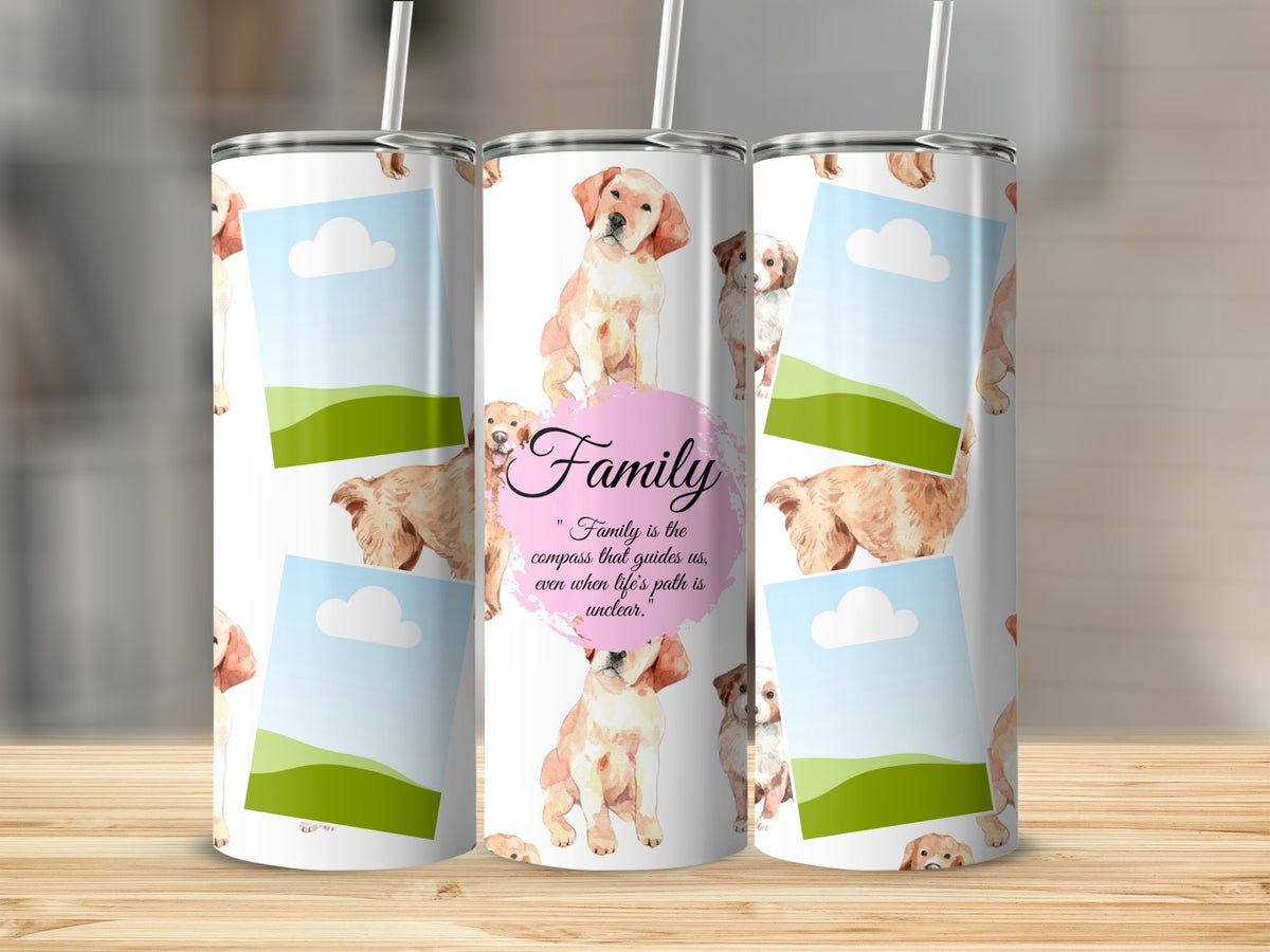 Tumbler with golden retriever puppies and "Family" quote.
