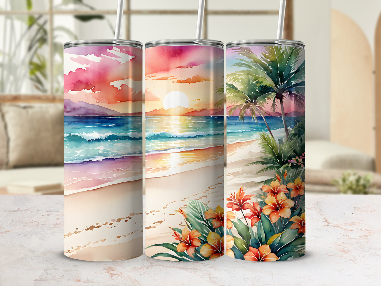 Three tropical beach sunset tumblers with palm trees and flowers.