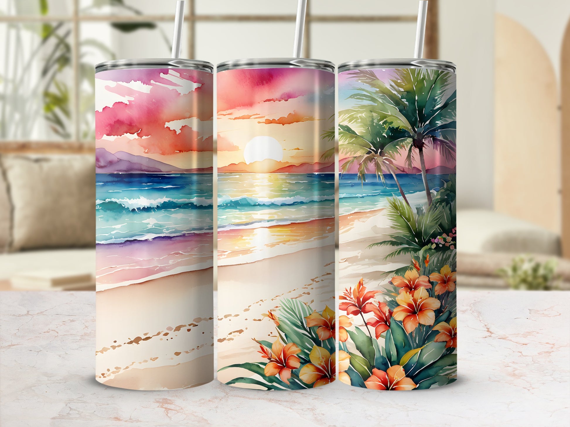 Three tropical beach sunset tumblers with palm trees and flowers.