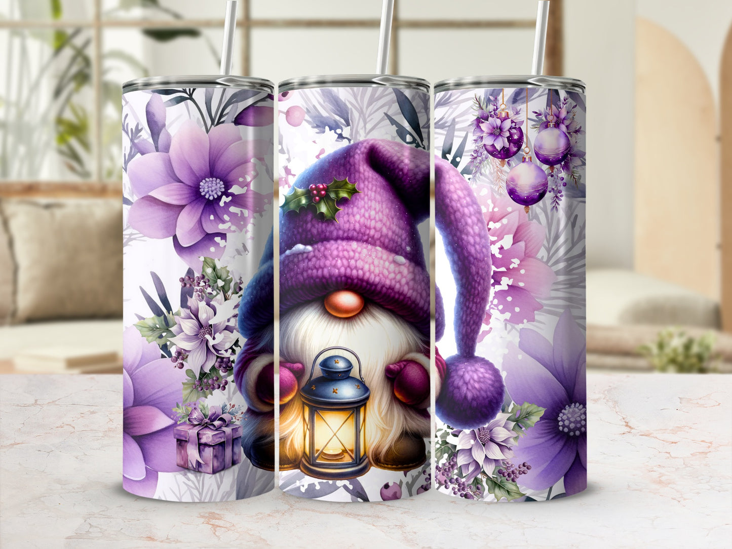 Gnome wearing purple hat holding lantern, surrounded by purple flowers and ornaments.
