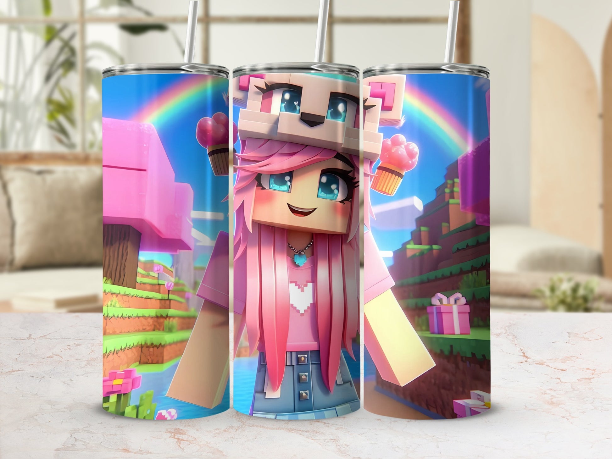 Colorful Pixel Art Character with Rainbow Tumbler