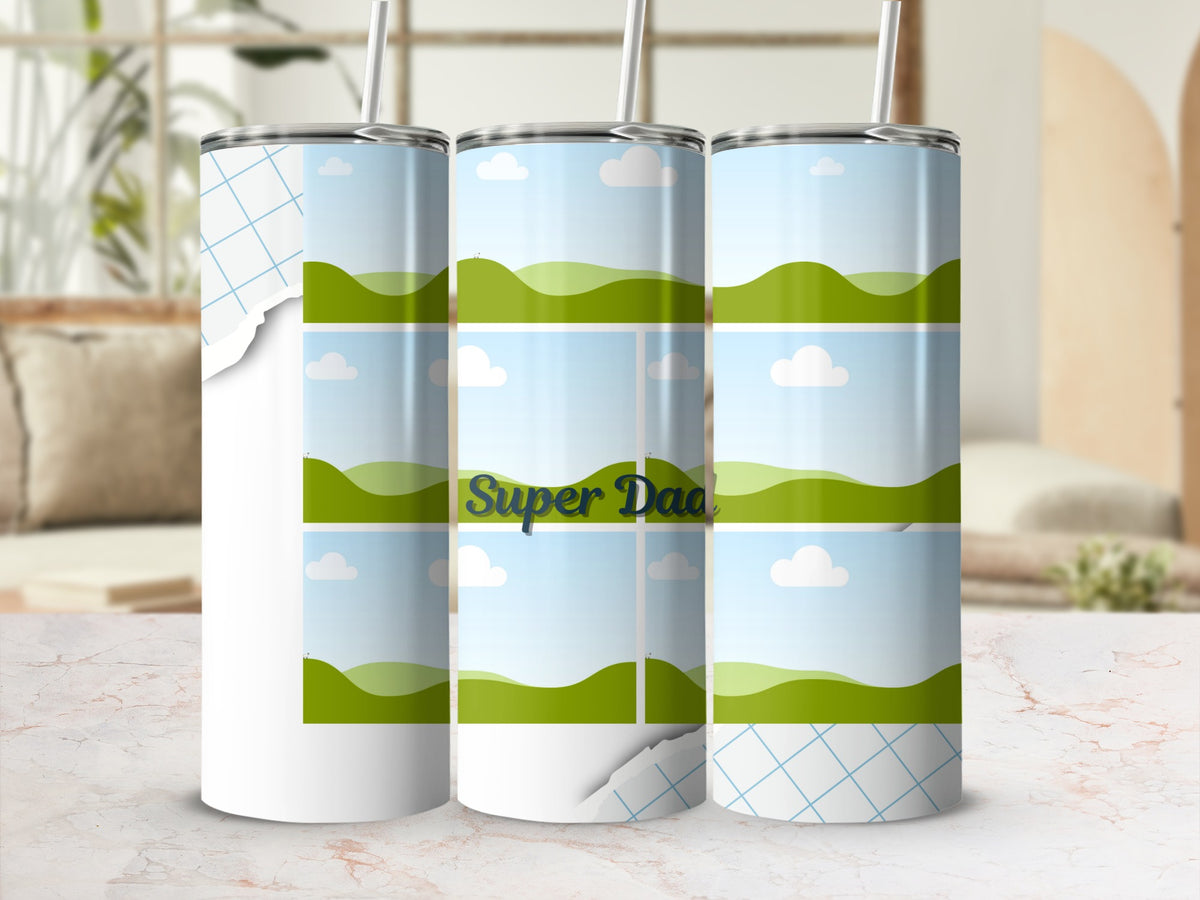 Three tumblers with a "Super Dad" graphic and multiple landscape photo frames.