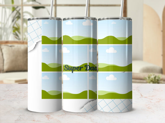 Three tumblers with a "Super Dad" graphic and multiple landscape photo frames.