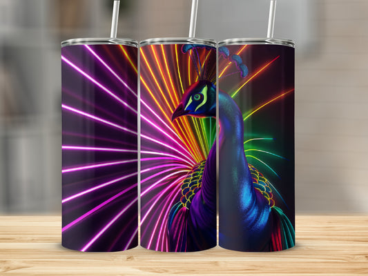 Neon peacock with vibrant feather fan on dark background.