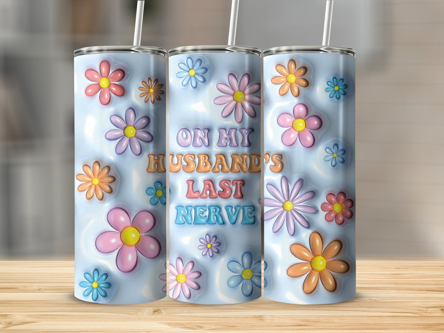 Three pastel floral tumblers with "On My Husband's Last Nerve" text.
