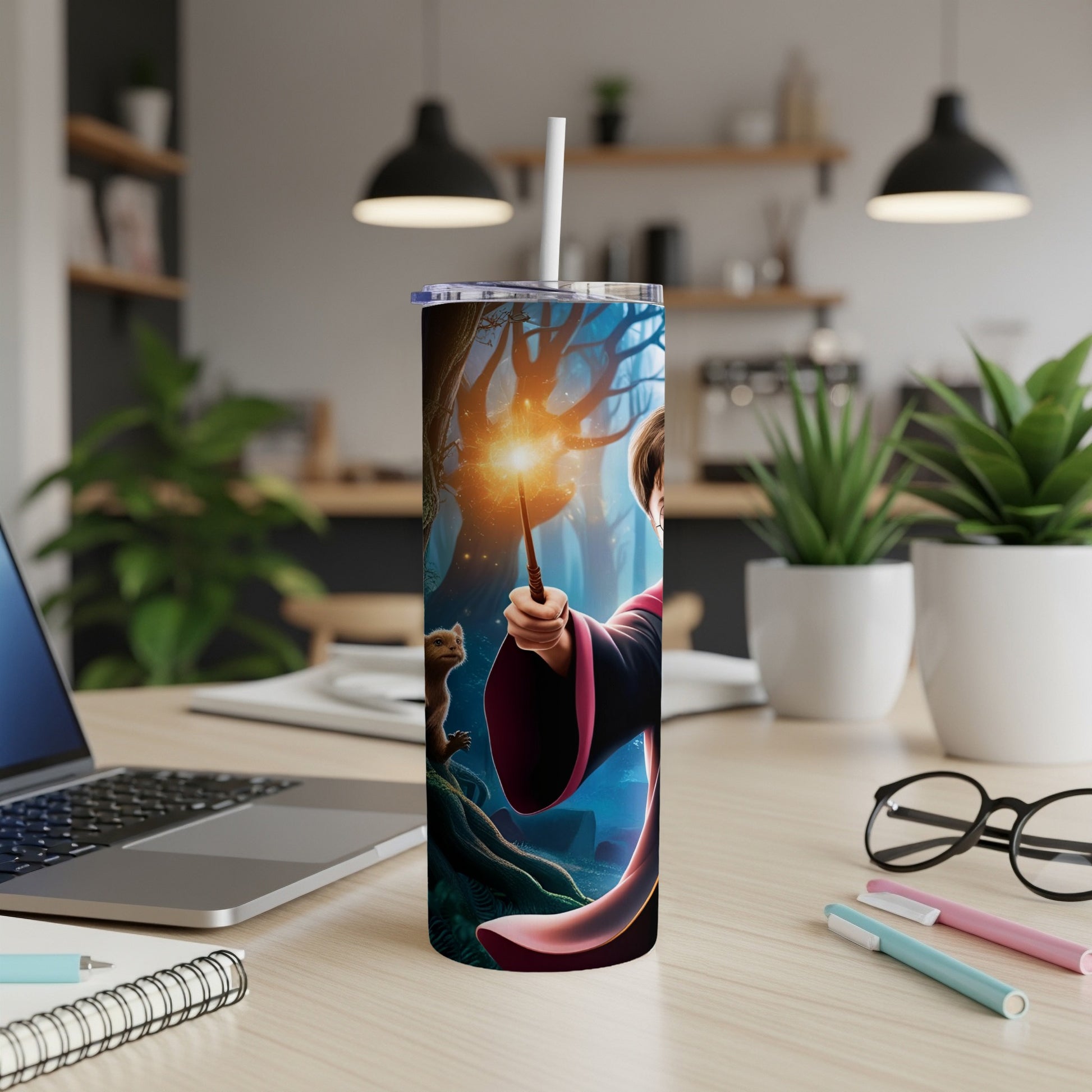 Harry Potter character holding wand with magical light, on a tumbler.