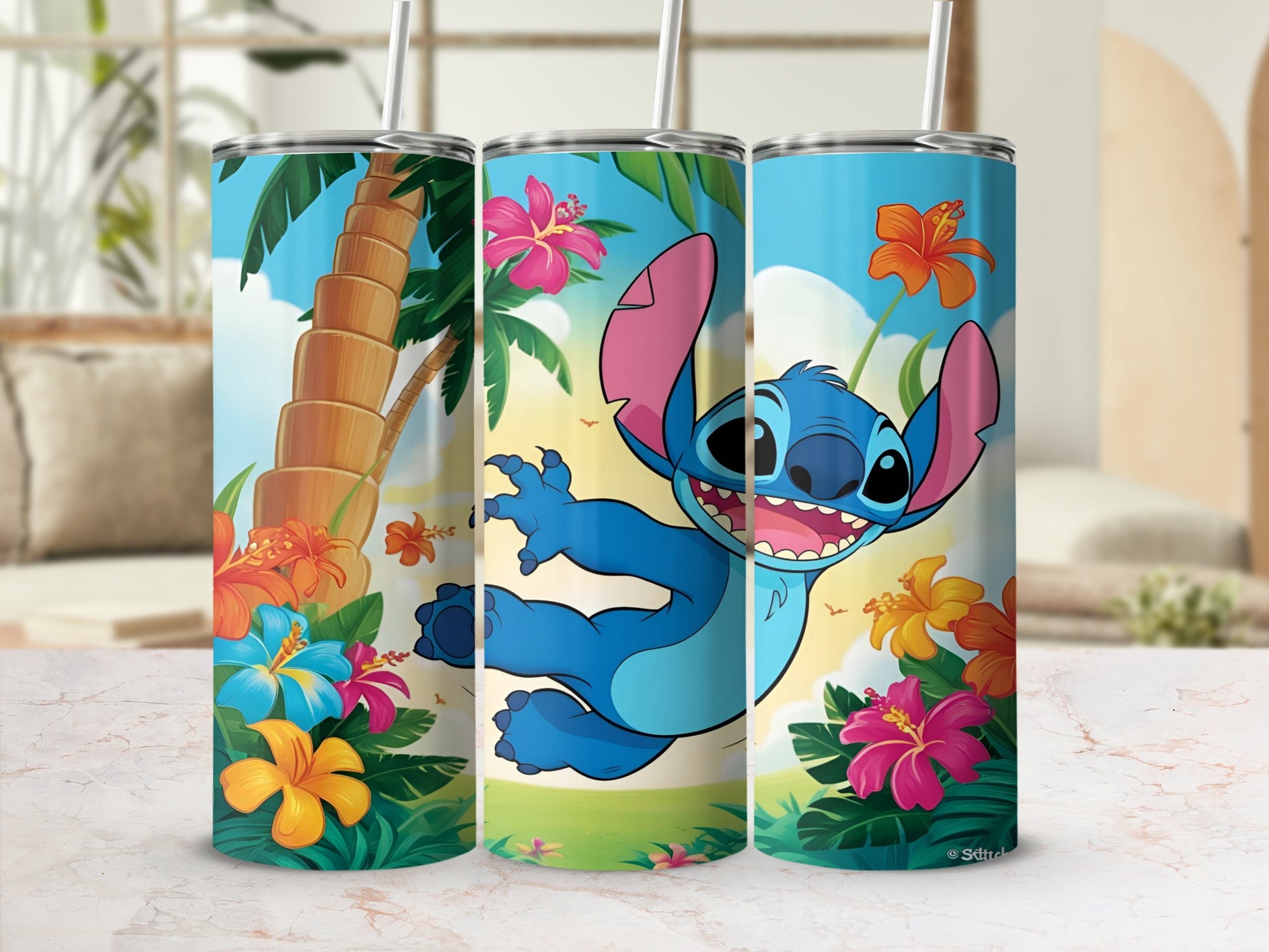 Stitch character from Lilo & Stitch on a tropical-themed tumbler.