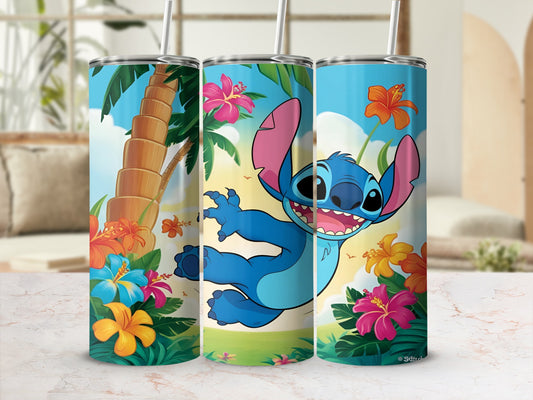 Stitch character from Lilo & Stitch on a tropical-themed tumbler.