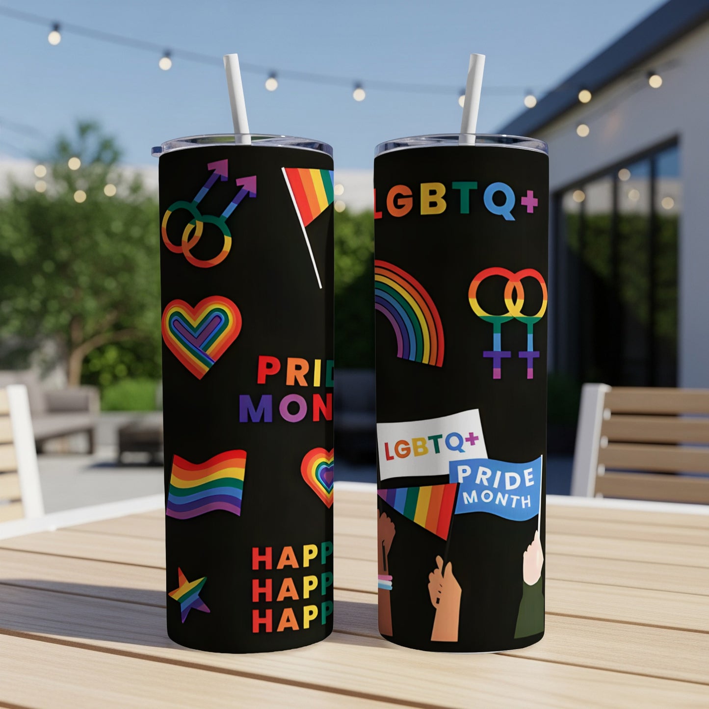 Two Pride-themed tumblers with LGBTQ+ symbols and "Pride Month" text.
