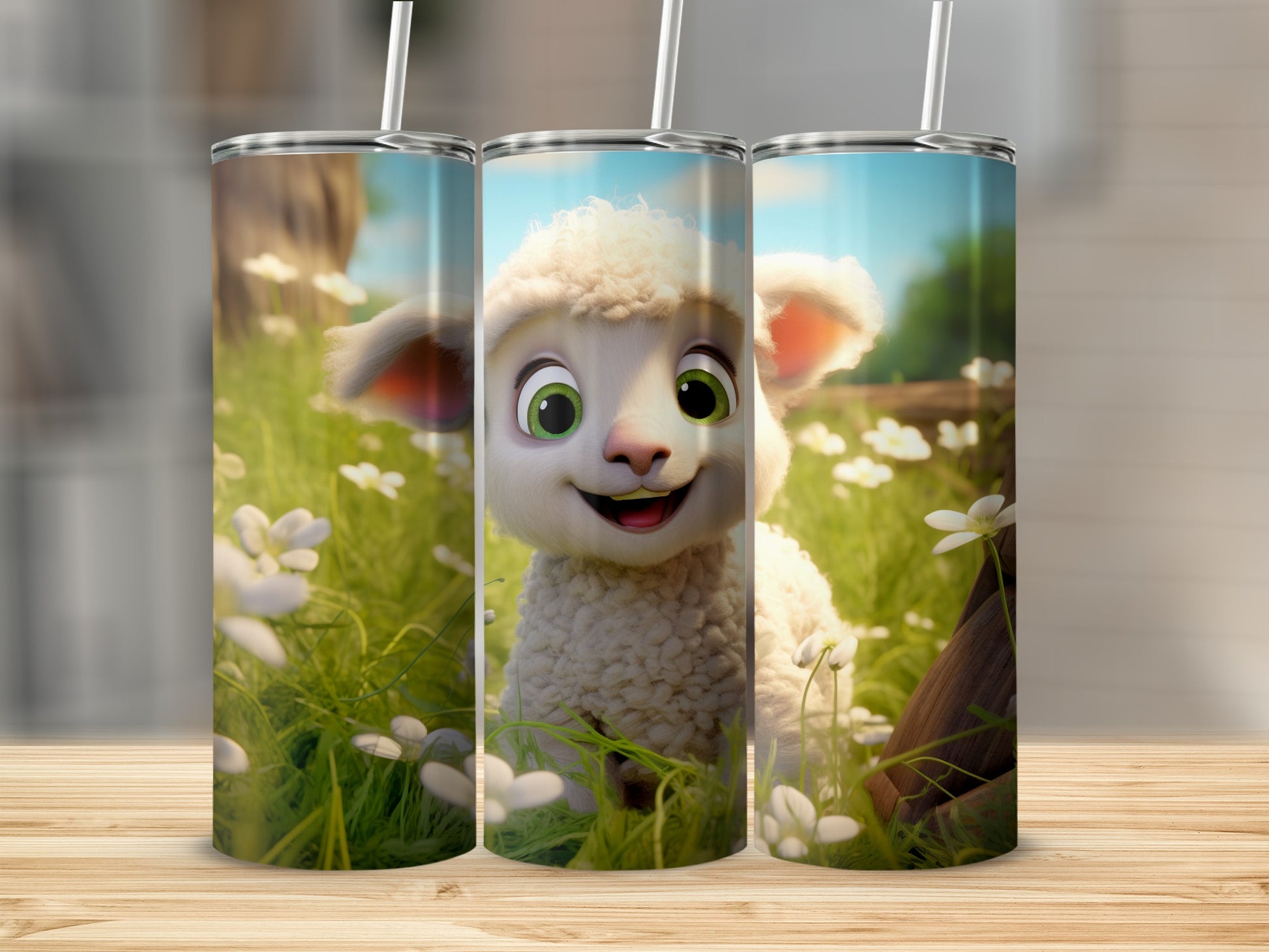 Adorable Cartoon Lamb with Floral Background Tumbler
