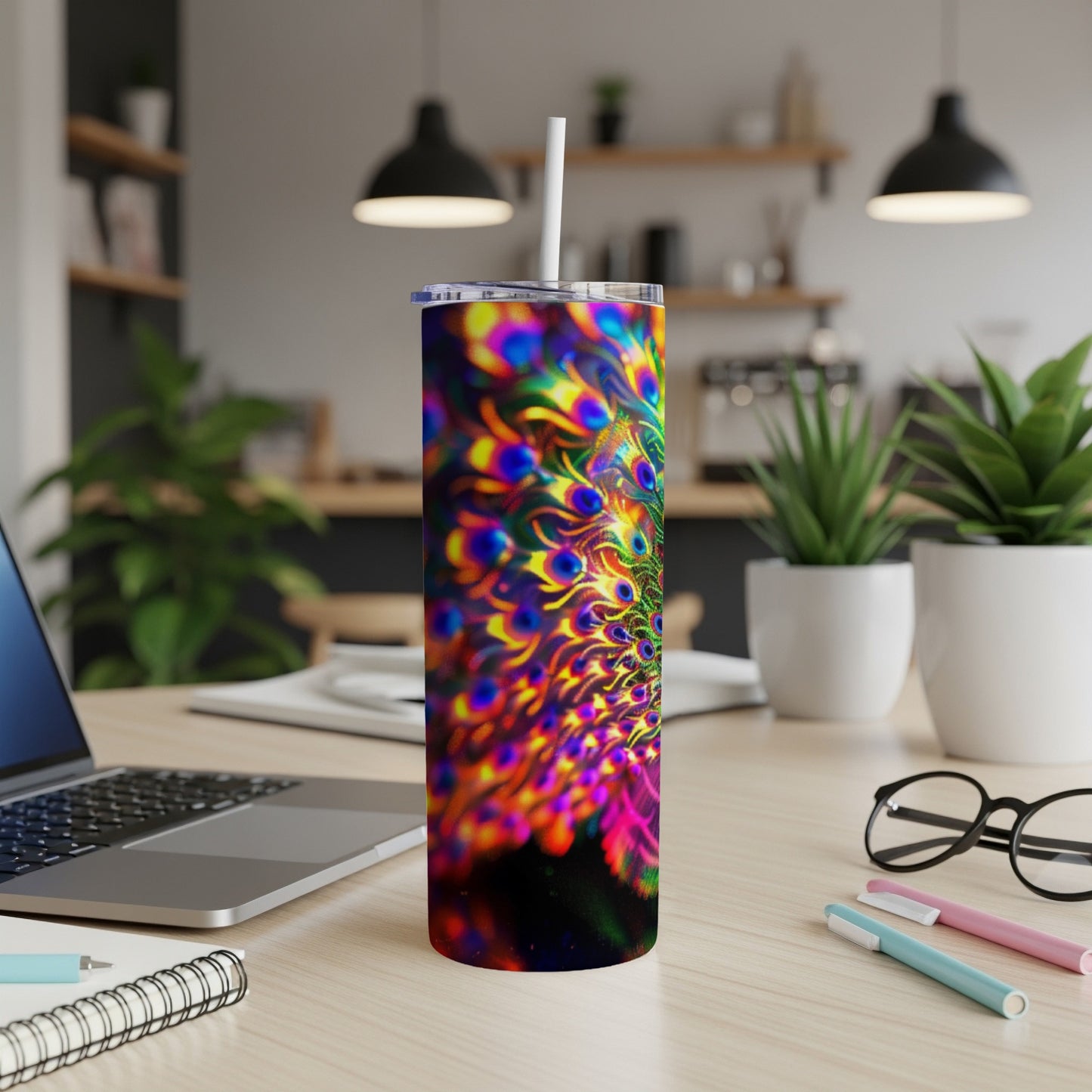 Colorful peacock feather design on a tall, slim tumbler with a white straw.