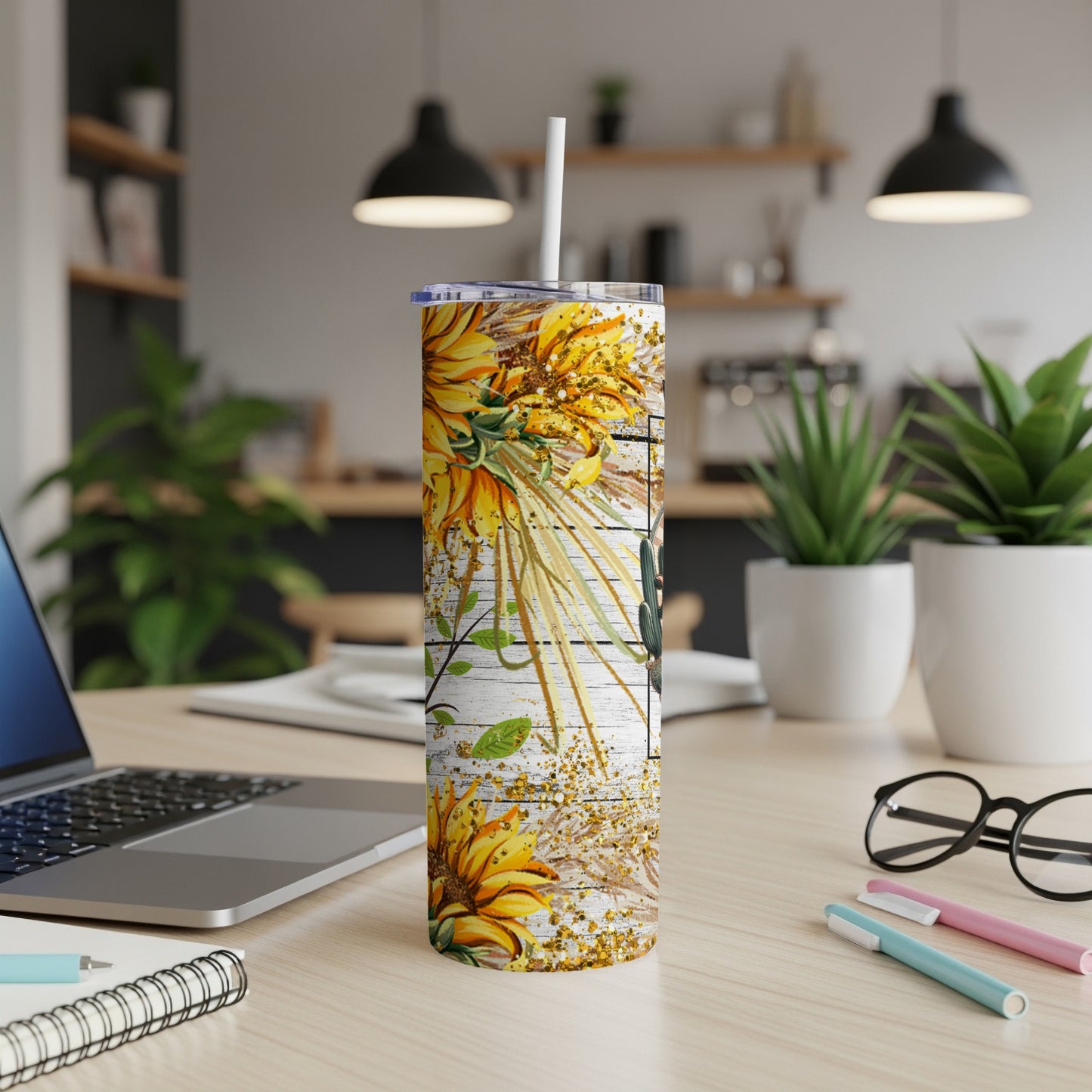 Tall tumbler with sunflowers, wood grain, and desert elements.